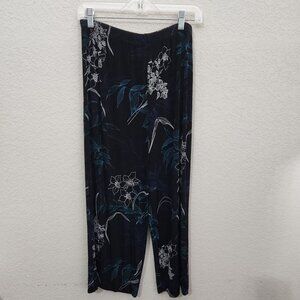 Chicos Travelers Pants Womens Large Size 2 Blue Black Floral Print Palazzo